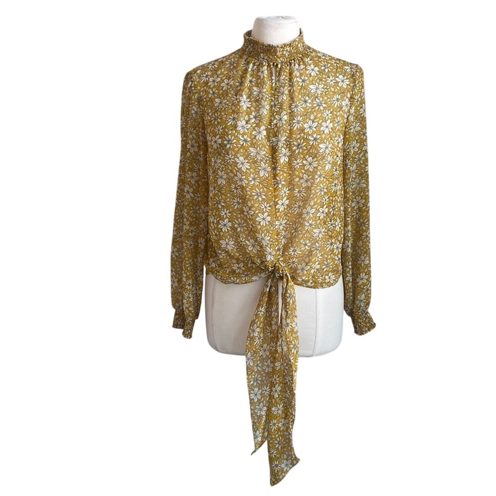 💎 1 STATE Blouse Womens Sz Medium Yellow Floral Wrap Shirt Sheer Coquette